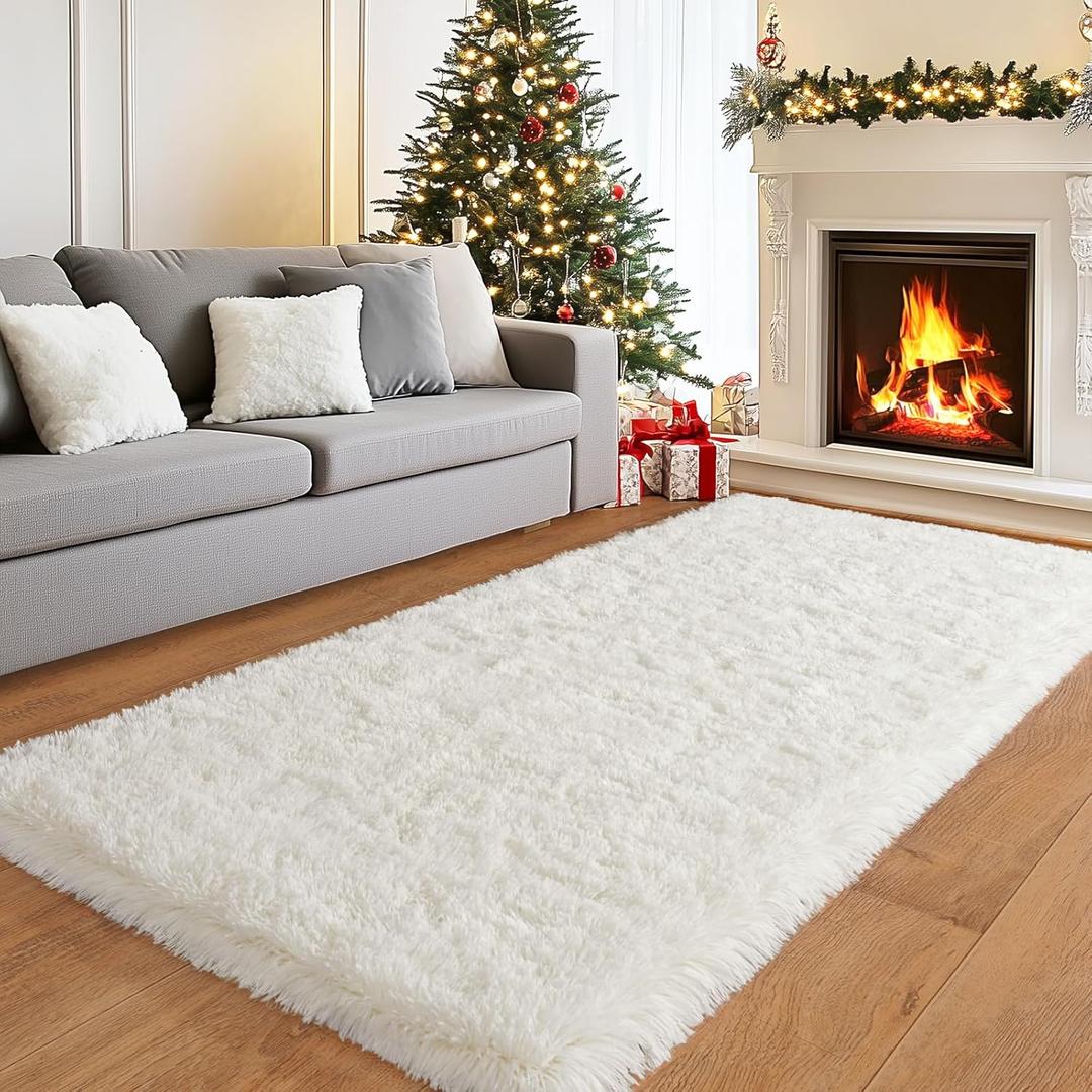 Soft Shag Runner Rug 2x6 for Bedroom, Fluffy Plush Throw Area Rug Non Slip for Bedside Dorm Hallways, Washable Long Runners for Couch Closet Nursery Living Room, Cream White