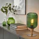 Mid Century Glass Table Lamp,Dimmable Desk Lamp,LED Bulb Included,Timer Build-In,Green Ribbed Glass
