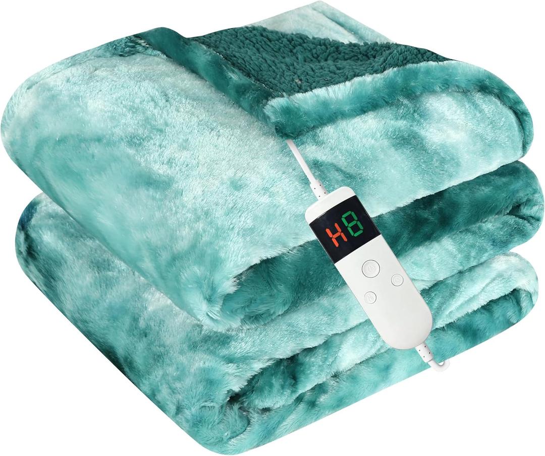 Electric Heated Blanket Queen 84''x90''Size Faux Fur Heating Blanket 10 Heating Settings, 1-8h Timer & Overheat Protection, Machine Washable, Soft Flannel and Sherpa Full Body Warmth (Lake Blue)