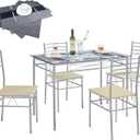 VECELO 5-Piece Kitchen Dining Table Set, Glasses Tabletop & Heavy-Duty Metel Frame, Rectangle Dinette with 4 Chairs for Small Space, Breakfast Nook, Glasses & Black