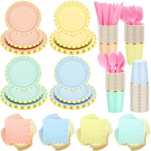 Yaomiao 336 Pcs Plates and Napkins Party Supplies Disposable Dinnerware Set Scalloped Plates Cups Napkin with Plastic Forks Knives Spoons Serve 48 Guests for Birthday Wedding (Rainbow,Classic)