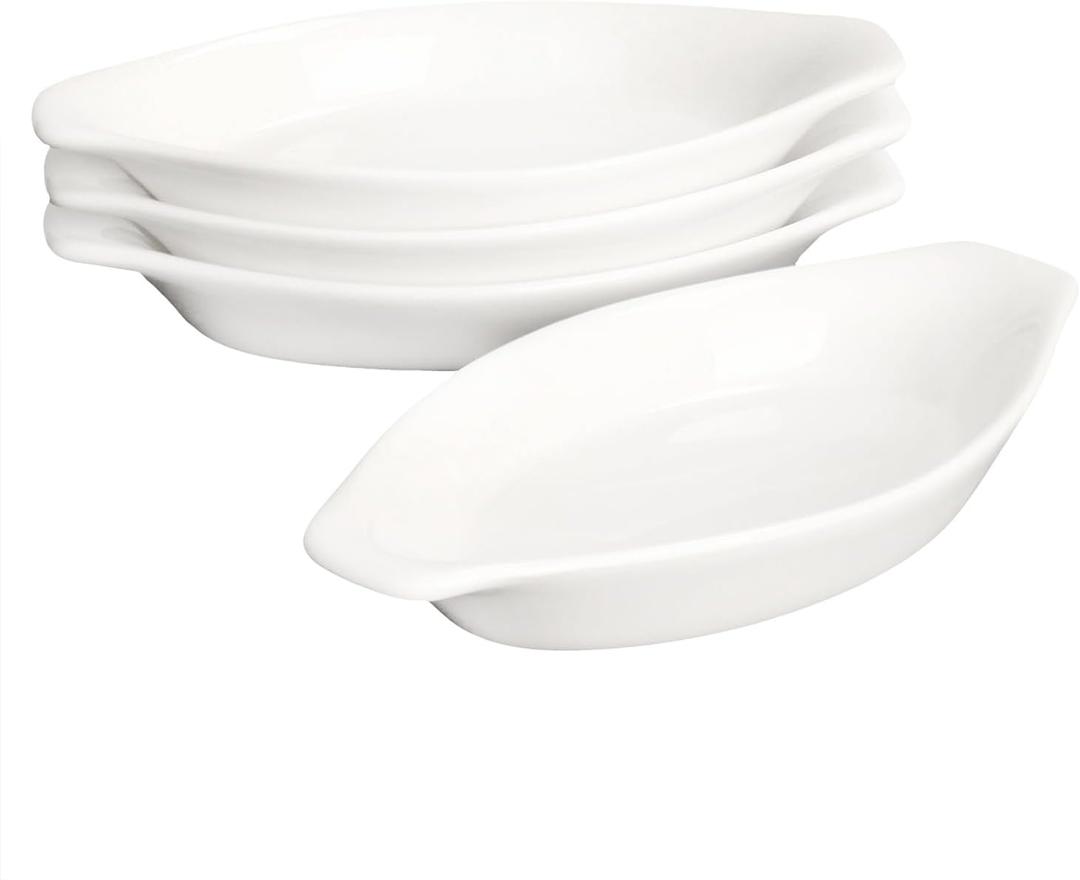 Ceramic Mini Oval Au Gratin Baking Dishes 3.5 oz, Set of 4 Banana Split Bowls,Oven and Microwave Safe, for 1 person servings, Bakeware with Double Handle for Kitchen and Home, 6.5 Inch