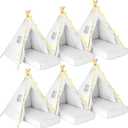 6 Pack Teepee Tent for Kids Sleepover Tent with 6 Air Mattresses (64"x28"), Star Lights, Eye Masks, Banners, Kids Teepee Tents for Boys Girls Indoor Outdoor Party Birthday Glamping (White), 64" x 28" x 8.7"