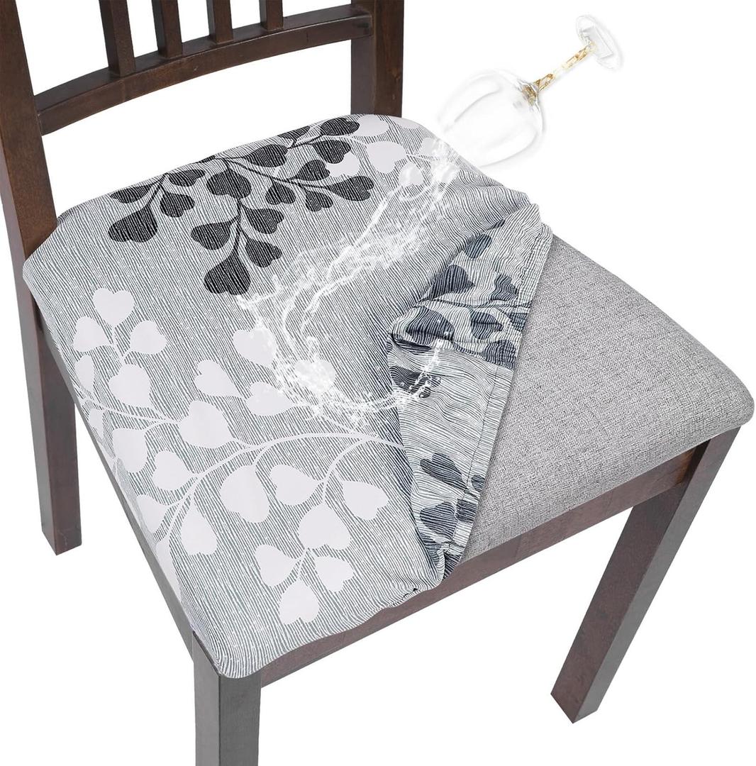SearchI Water Repellent Seat Covers for Dining Room Chairs Stretch Printed Chair Seat Covers Set of 4, Removable Washable Kitchen Chair Seat Protector Cushion Slipcovers for Office,Water Repellent-leaf Pattern, Set of 4