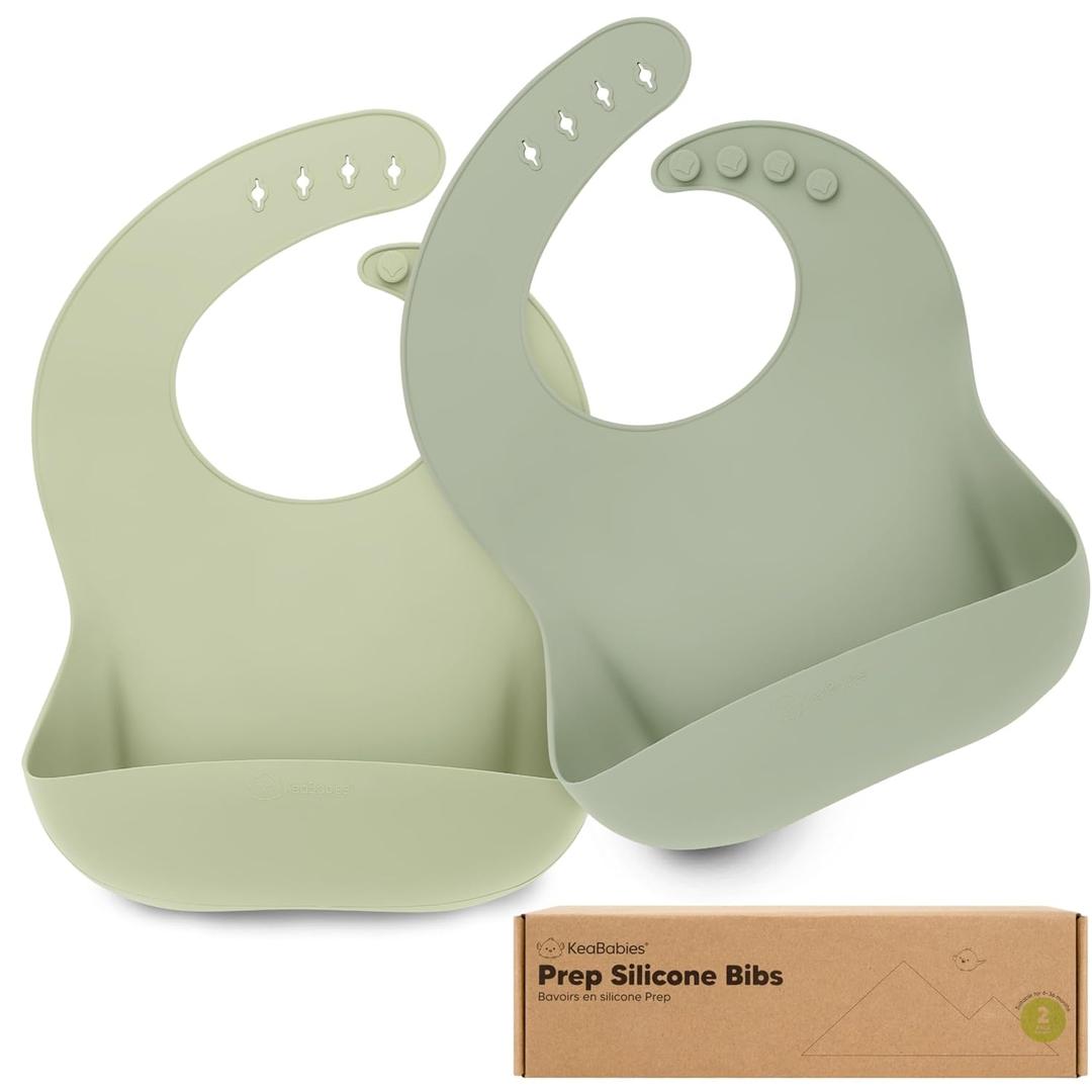 KeaBabies 2-Pack Silicone Bibs for Babies, Toddlers Girl, Boy Sturdy Food-Grade Baby Bibs for Eating, Large Food Catcher, Clean & Put On Easily, Waterproof Toddler Feeding Essentials (Sage)