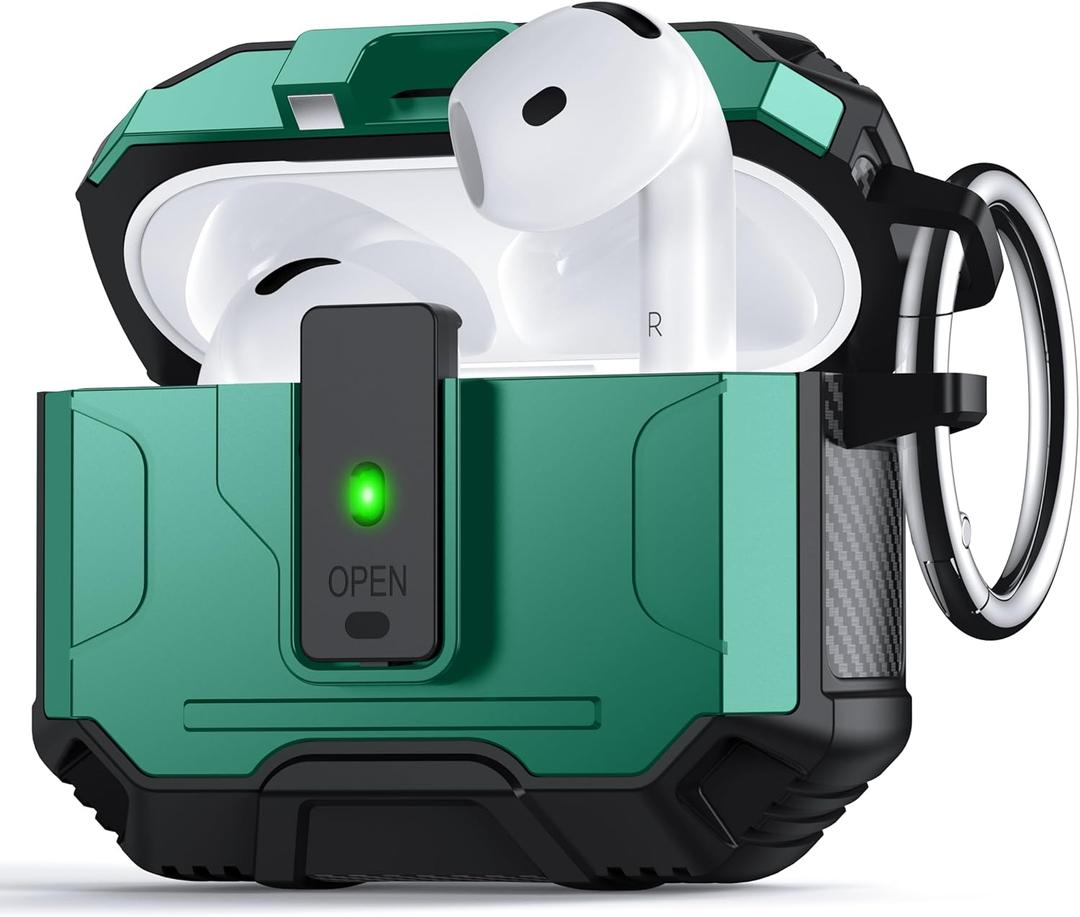 for AirPods 4 Case Cover [Safety Lock] [Magnetic One-Click Open] [Military Shockproof Armor] Double Rugged Outdoor Wireless Charging Case for AirPods 4th Generation with Keychain, Forest Green