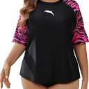 Halcurt Women's Plus Size Rash Guard Short Sleeve Swim Shirt with Built in Bra UPF50+ Sun Protection Swimsuit Top, Size 2X