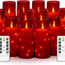 Flameless Candles with Embedded Star String - Battery Operated LED Candles, with Remote,12 Red Flickering Candles for Christmas, Weddings, Home Decor & Party,(D 2.3"H 5" 6" 7")