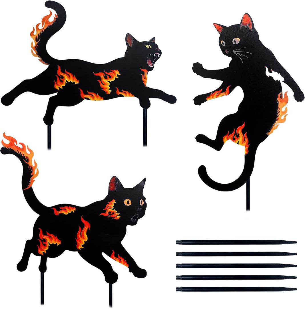 3 Pack Metal Black Cat Statues with Flame Design -Black Cat Decor Yard Signs with Stakes, Rustproof Halloween Yard Decor, Outdoor Garden Stakes for Haunted House, Lawn, and Everyday Decor (3)