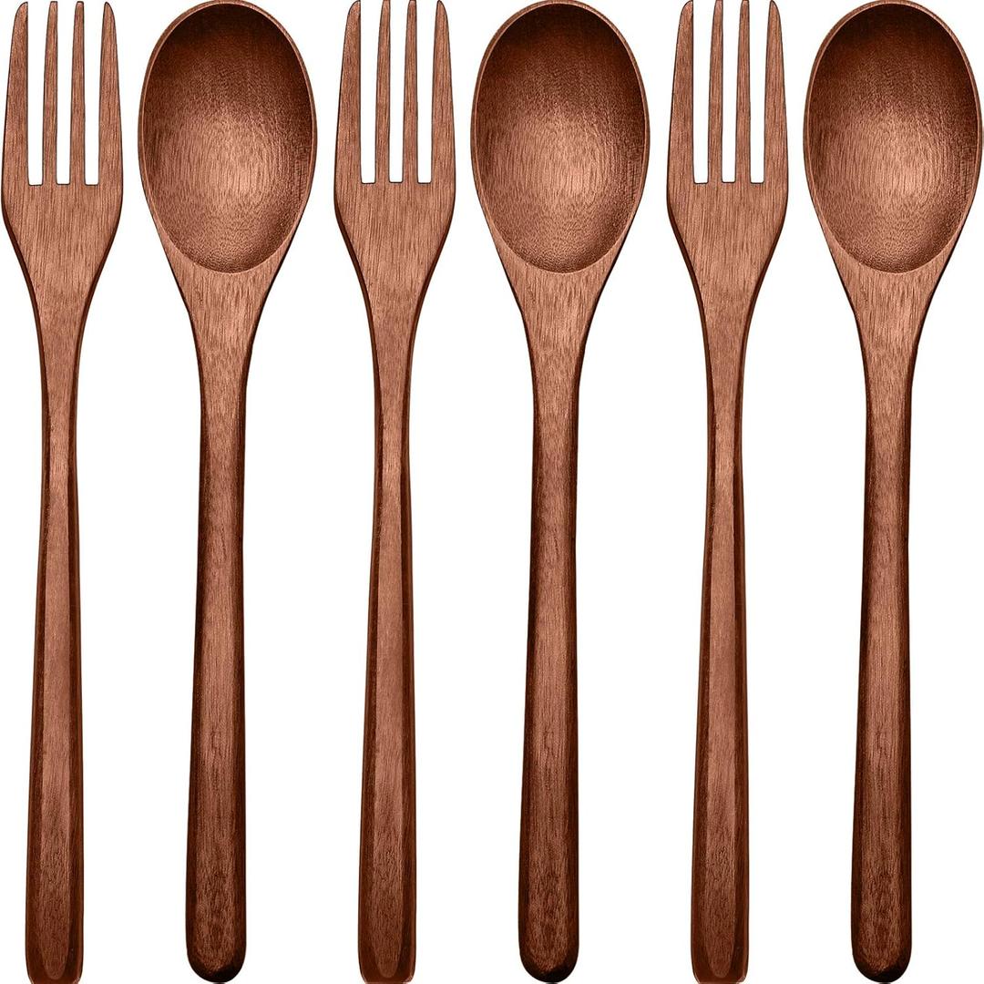Patelai 6 Pieces Wooden Spoons Forks Set Wooden Utensils for Eating Wood Dinner Utensil Set Reusable Flatware Tableware Handmade Natural Cutlery Includes Spoon Fork for Cooking Eating Kitchen