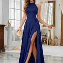 Zeflows Womens Halter A-line Side Slit Sleeveless Maxi Dress Evening Gown Elegant Cocktail Party Wedding Guest Dress, Navy-L (Blue, L)