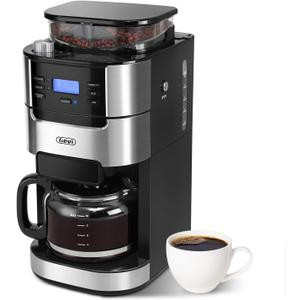 Gevi 10-Cup Drip Coffee Maker with Built-in Burr Grinder & Programmable Timer, 1.5L Water Tank, Auto Keep-Warm, Reusable Filter - Fresh Ground Coffee Machine (Black)