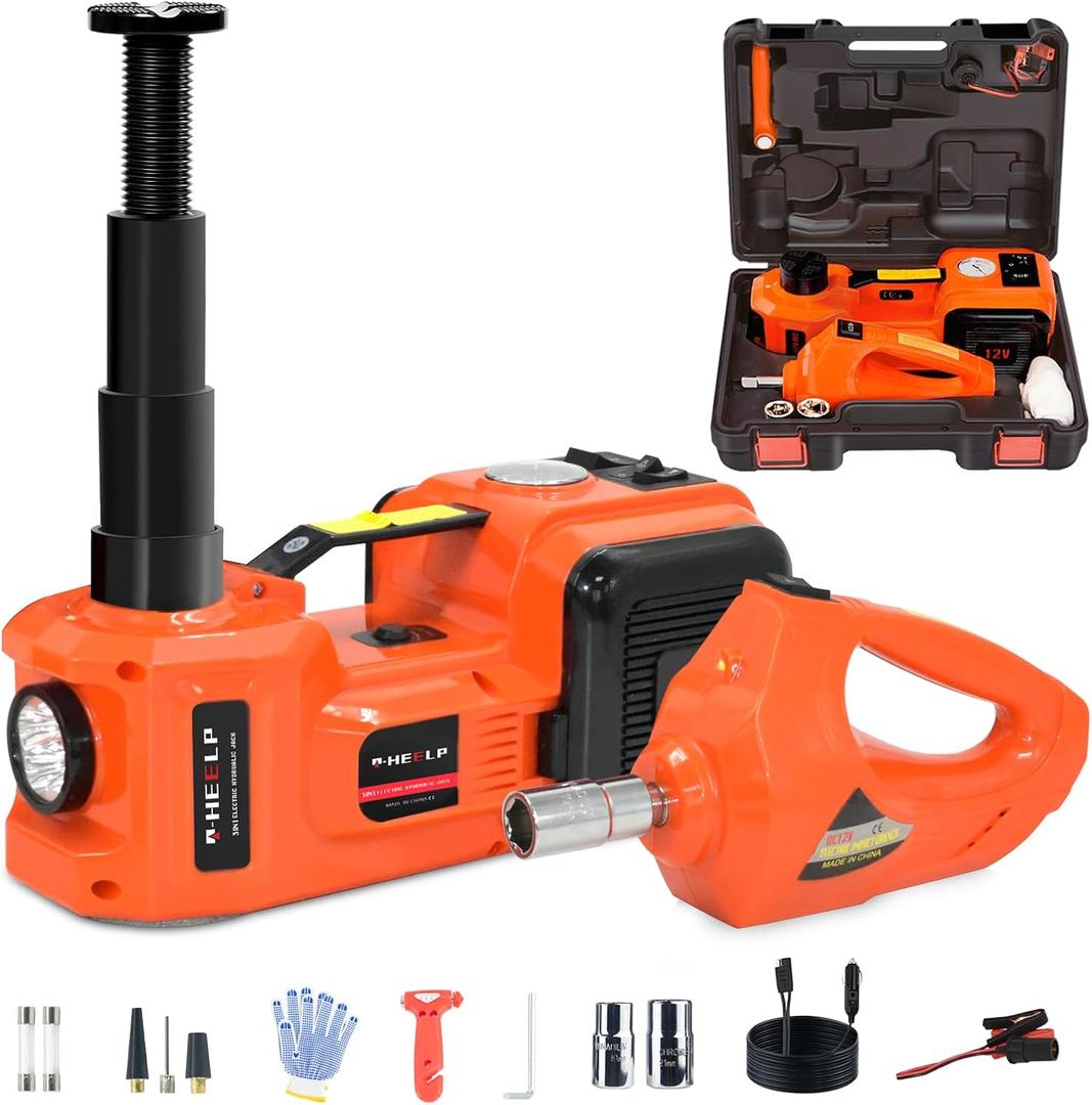E-HEELP Electric Car Jack Kit 5Ton 12V Hydraulic Car Jack Lift (Lifting Range: 6.1~17.7 inch) with Electric Impact Wrench for SUV MPV Sedan Truck Change Tires Garage Repair