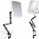 Ezcora Clip On Vanity Mirror with Light for Nearsighted Makeup, Magnetic Detachable Makeup Mirror with Extension Arm, Rechargeable 3 Color Lighted Mirror for Desk, Tabletop or Clamp-On Use