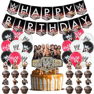 Wrestling Birthday Decorations, Wrestling Party Supply include Happy Birthday Banner, Cake Topper, Cupcake Toppers, Balloons for Kids Adults Party Decorations (Black)