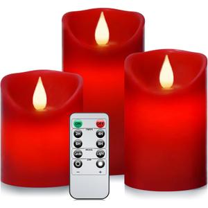 Flameless Battery Operated Flickering Candles:3PACK Red Real Wax Pillar Candle,Electric LED Candle with 10-Key Remote Control and 24 Hours Timer for Home Decoration Holiday Party