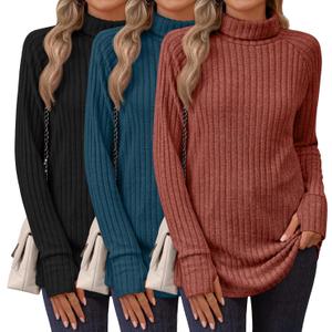 Ficerd 3 Pack Women's Turtleneck Long Sleeve Tunic Sweater Thumbhole, Ribbed Raglan Curved Hem Knit Shirts Loose Fall Winter (L)