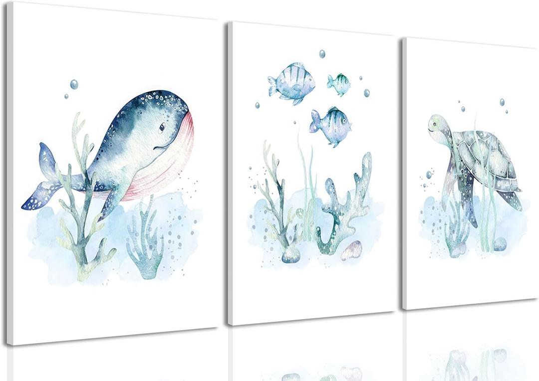 Wodkwq Ocean Nursery Decor, Set of 3 Boys Room Sea Animal Wall Art Picture Canvas Prints, 12x16 Inch Framed