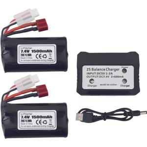 sea jump Accessories 2PCS 7.4V 1500mAh T-Plug Lithium Battery with 2in1 Charger for WLOTYS 12423 12401 12403 12428 HM163 HM164 YC200 9155 9156 4WD High Speed Off-Road RC RC Car Battery