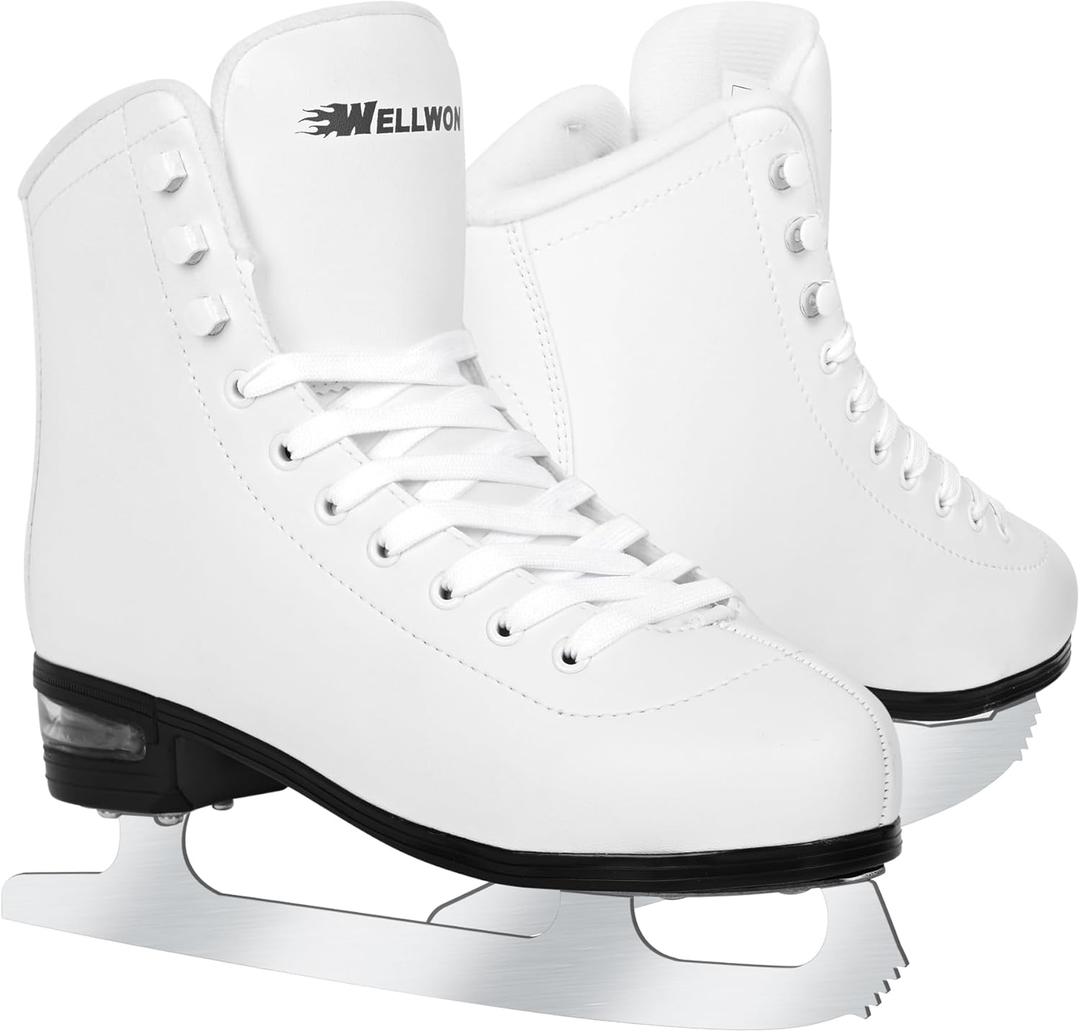 Ice Skates for Women, Adult Figure Skates for Men, Figure Skating Shoes with Velvety Lining for Indoor& Outdoor Rink,Ice Skates Size 5 6 7 8 9 10 11 and 2Y 3Y (White(W Air Cushion))