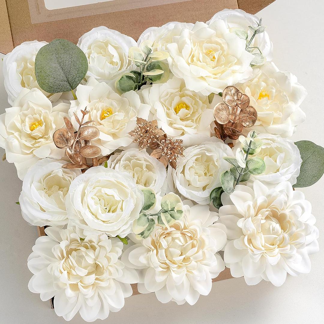 Artificial Flowers Combo, Faux Silk Dahlia Roses Bulk, Fake Bouquet with Stems Box Set for Wedding Arrangements Bridal Floral Baby (Brilliant White, The Minimalist)