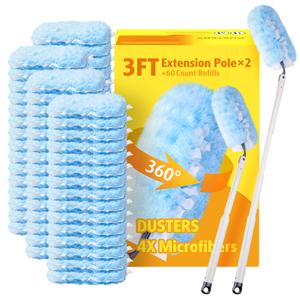60 Count Heavy Duty Duster Refills with Two 3 ft Extendable Handle Starter Kit, Compatible with Swiffer Disposable Microfiber Feather Dusters for Cleaning Home