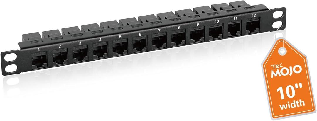 Tecmojo 12-Port Cat6 Patch Panel, 0.5U Rack Mount Modular Panel with Keystone Coupler, for 10" Server Rack & Network Cabinet, Gigabit Ethernet, Black