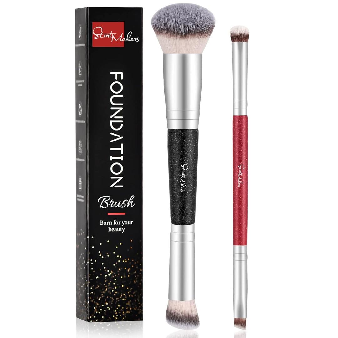 Makeup Brushes Dual-ended Foundation Brush - START MAKERS 2-in-1 Concealer Brush Face Eyebrow Eyeshadow Brush for Liquid, Powder, Buffing, Blending, Contouring Foundation Make Up Brushes(2Pcs) (2Pcs Black&Red)