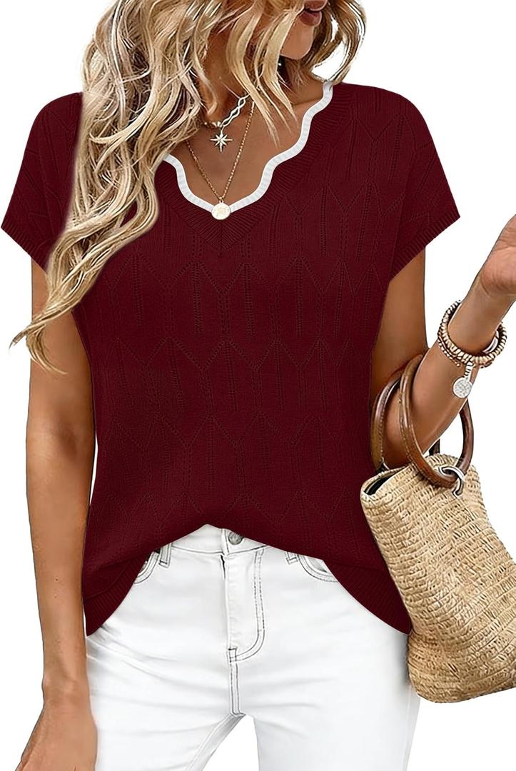 WIHOLL Womens Summer Tops Cap Sleeve Sweater V Neck Shirts Beach Vacation Clothes Business Casual Fashion Clothing