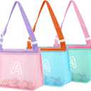 3Pcs Personalized Kids Beach Shell Bag, Initial Seashell Mesh Zipper Beach Pouch, Shell Collecting Bag for Holding Shells with Adjustable Straps, Sand Toys Swim Pouch Gift for Girl Boy Teens(Letter A) (Blue/Pink/Lightgreen)