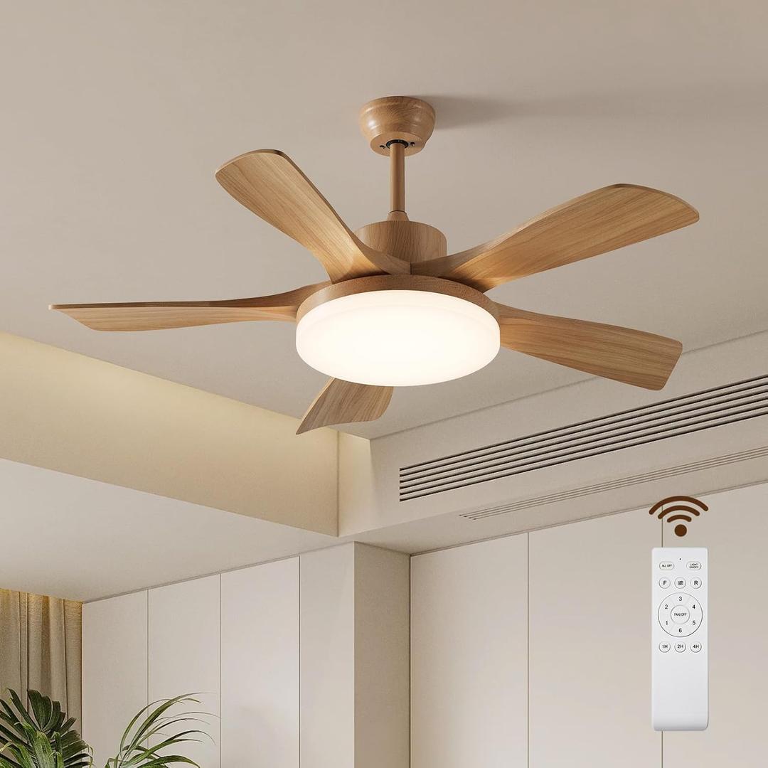 46 Inch Wood Ceiling Fan with Remote, Solid Wood 5 Blade Ceiling Fan with Light, Burlywood Rustic Outdoor Light with Fan Flush Mount for Patios Living Room, Dining Room, Bedroom, Farmhouse