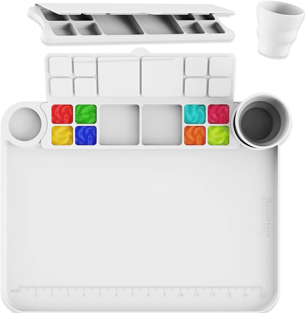 Silicone Painting Mat with Cup and Palette Removable, 17"X13" Thick Silicone Art Mat for Craft with Raised Edge for Resin DIY Making, White