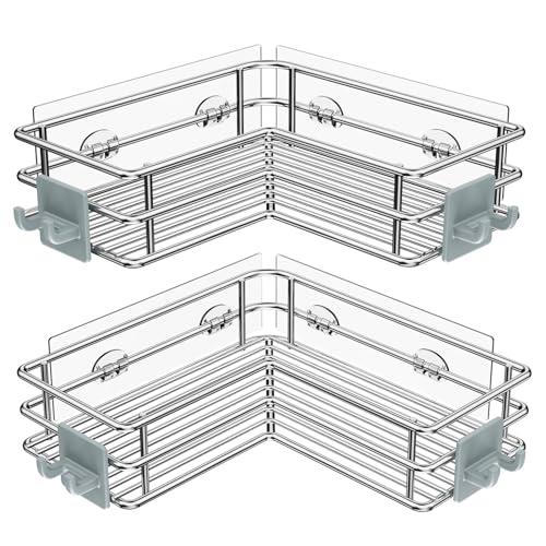 Nieifi Corner Shower Shelves Stainless Steel, Adhesive Shower Caddy Basket Rack with Hooks, Rust Proof for Bathroom Shelf Shampoo Holder (Silver, 2 Pack)