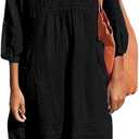 Lafural Womens V Neck Cotton Casual Loose Shift Tunic Smock Summer Dresses Vacation Dress 3/4 Sleeve Pocket (XXL)