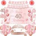 40th Birthday Decorations for Women, 40th Rose Gold Birthday Party Supplies, 40 Years Celebration Kit Including Backdrop, Crown, Sash, banner, Hanging Swirl,Balloons,Paper Fans for Her