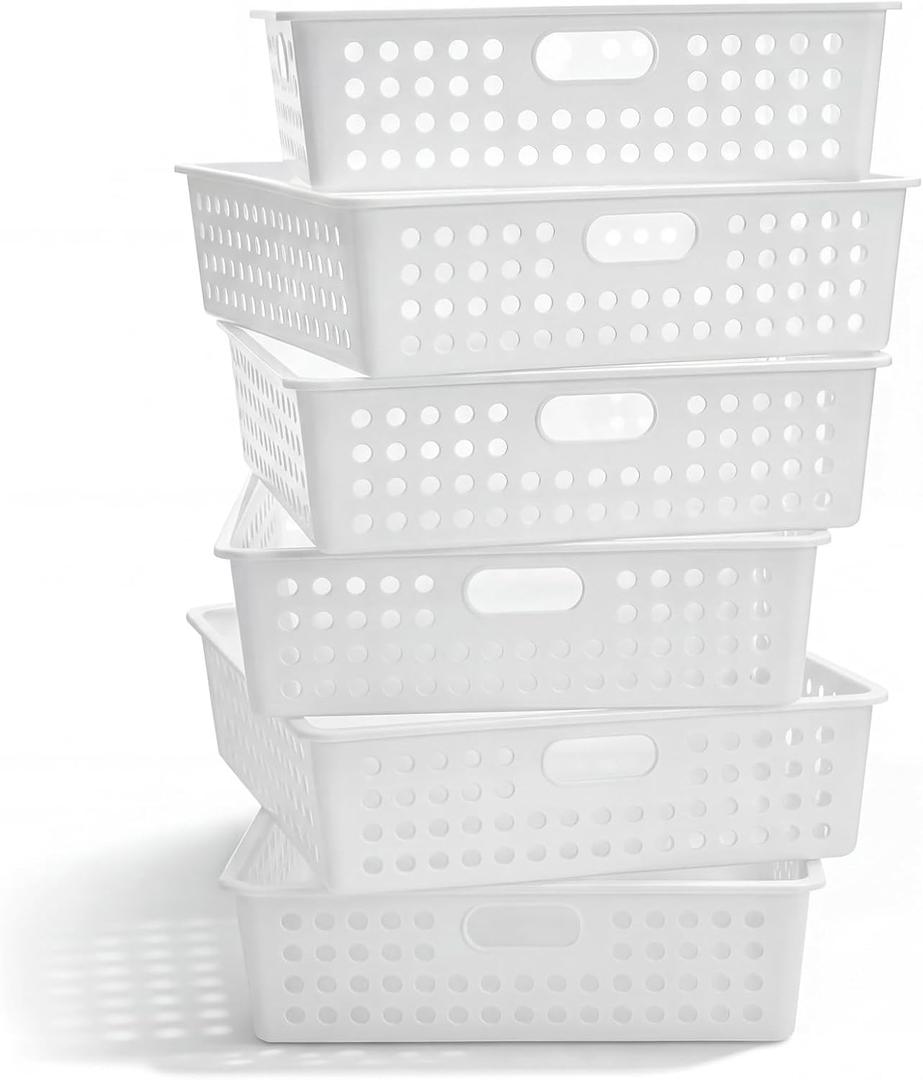 Geetery 6 Pack Classroom Storage Baskets with Handle 14''x10'' Paper Tray Holds A4 Turn in Trays Plastic Paper Baskets Desk Organizer Bin for Classroom, Library, Office, Home (White)