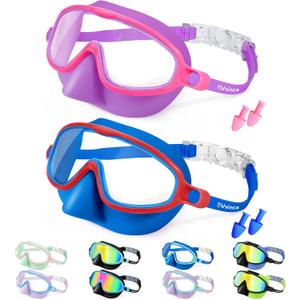 Vvinca Swim Goggles with Nose Cover, 2 Pack Wide View Diving Mask Anti-Fog UV No Leak Toddlers Swimming Goggles for Kids 3-15 (03-Blue Red& Pink)