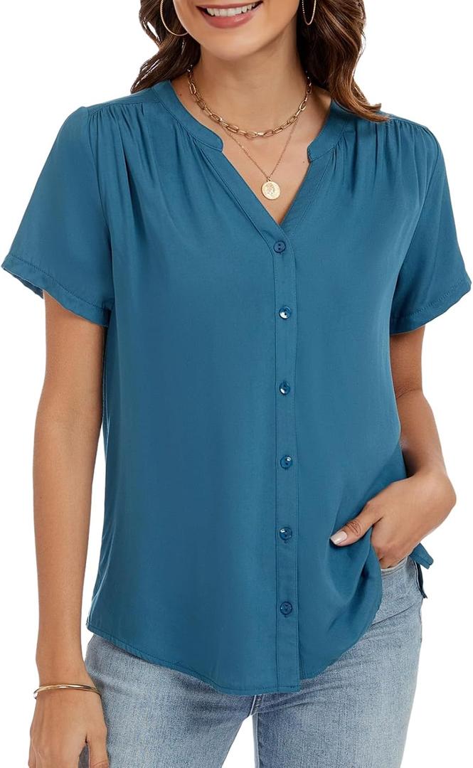 Womens Summer Short Sleeve V Neck Dressy Casual Button Business Work Blouse Tops (Small, Blue)