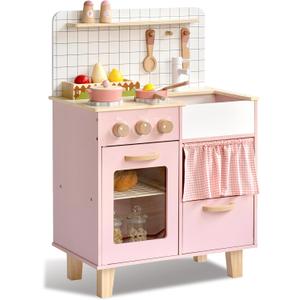 Pink Wooden Play Kitchen with Realistic Features & Accessories, Pretend Cooking Toy for Kids 3+, Ideal Gift for Toddler Boy and Girls, 33.9 x 12.1 x 16.4 inches