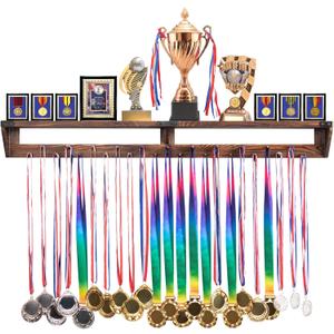 LAVIEVERT Gymnastic Medal Hanger with Storage Shelf, Wooden Wall-Mounted Trophy Shelf, Race Medal Display Rack Holder with 23 Hanging Bars