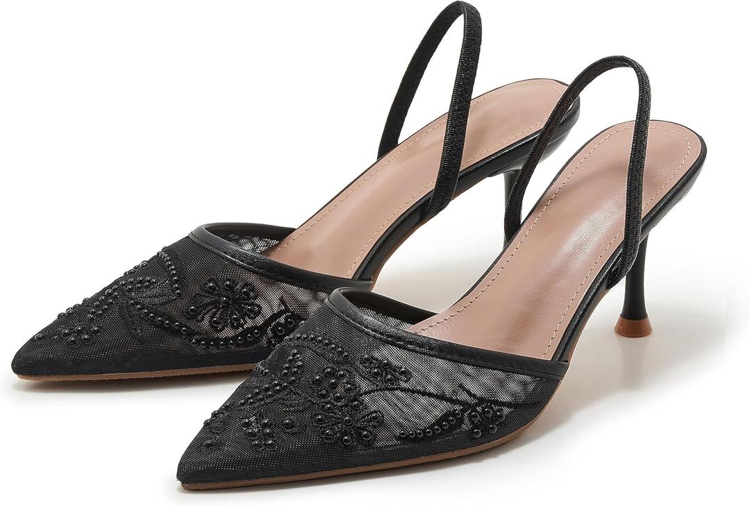 Embroidered Mesh Slingback Heels for Women White Pearl Kitten Heel Pumps Pointed Toe Backless Wedding Shoes (8, Black)