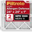 Filtrete 24x24x1 AC Furnace Air Filter, MERV 11, MPR 1000, Micro Allergen Defense, 3-Month Pleated 1-Inch Electrostatic Air Cleaning Filter, 2 Pack (Actual Size 23.81 x 23.81 x 0.81 in)