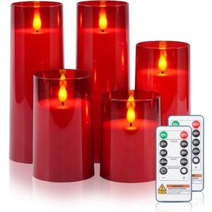 Raycare Flameless Candles Battery Operated with Remote Timer, Acrylic Flickering LED Pillar Candle for Valentine's Day Decoration, Home Decor, Gift for Family and Friend, Red, Set of 5
