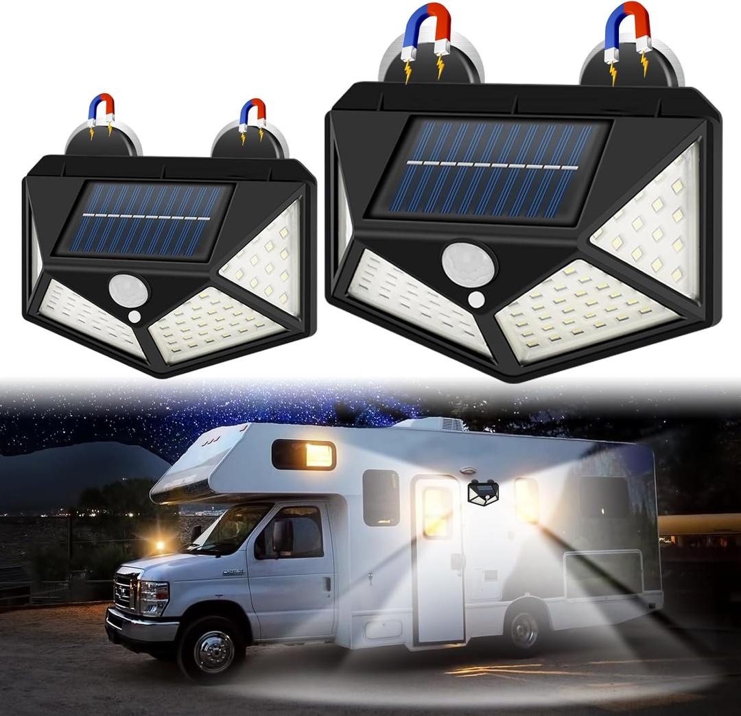 Magnetic Solar RV Light with Motion Sensor Bright 100 LED RV Exterior Light, Waterproof RV Porch Lights for Camper, Trailer, Motorhome Outdoor Easy Install with 2 Strong Magnets (2 Pack)