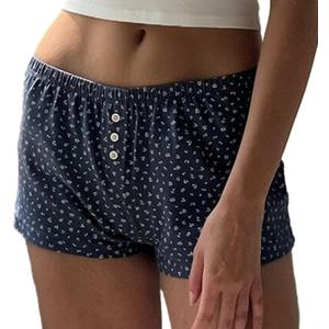 Cute Pajama Shorts for Women Y2K Sexy Low Rise Lounge Floral Shorts Comfy Striped Button Boxers Pj Bottoms Sleepwear (A Blue Floral, L)