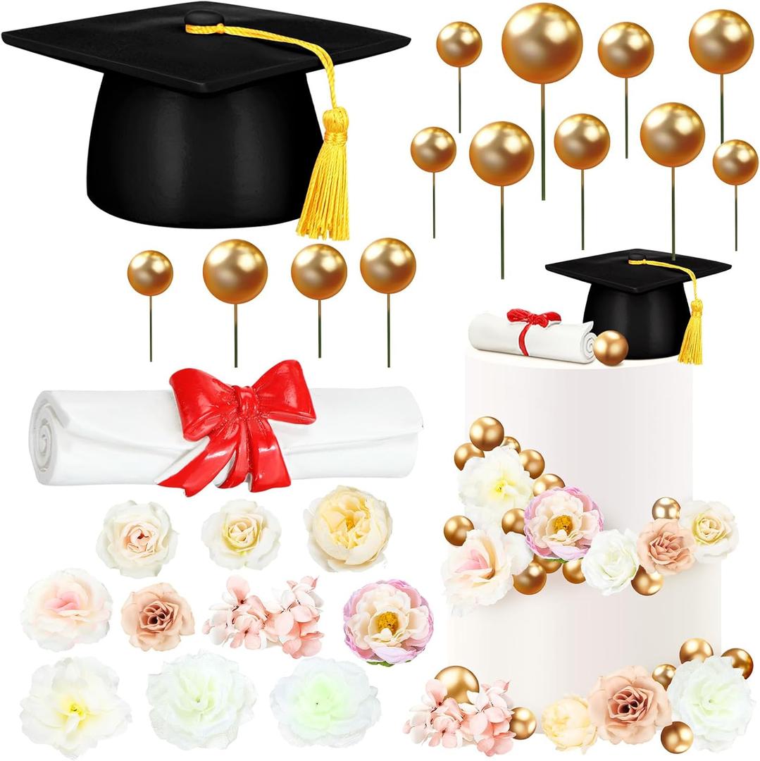 50 Pcs Resin Graduation Cake Cupcake Toppers Cap and Diploma Gold Balls Kit Congrats Grad Cake Decorations for 2025 Master Graduation Party Middle High School Supplies(Black)