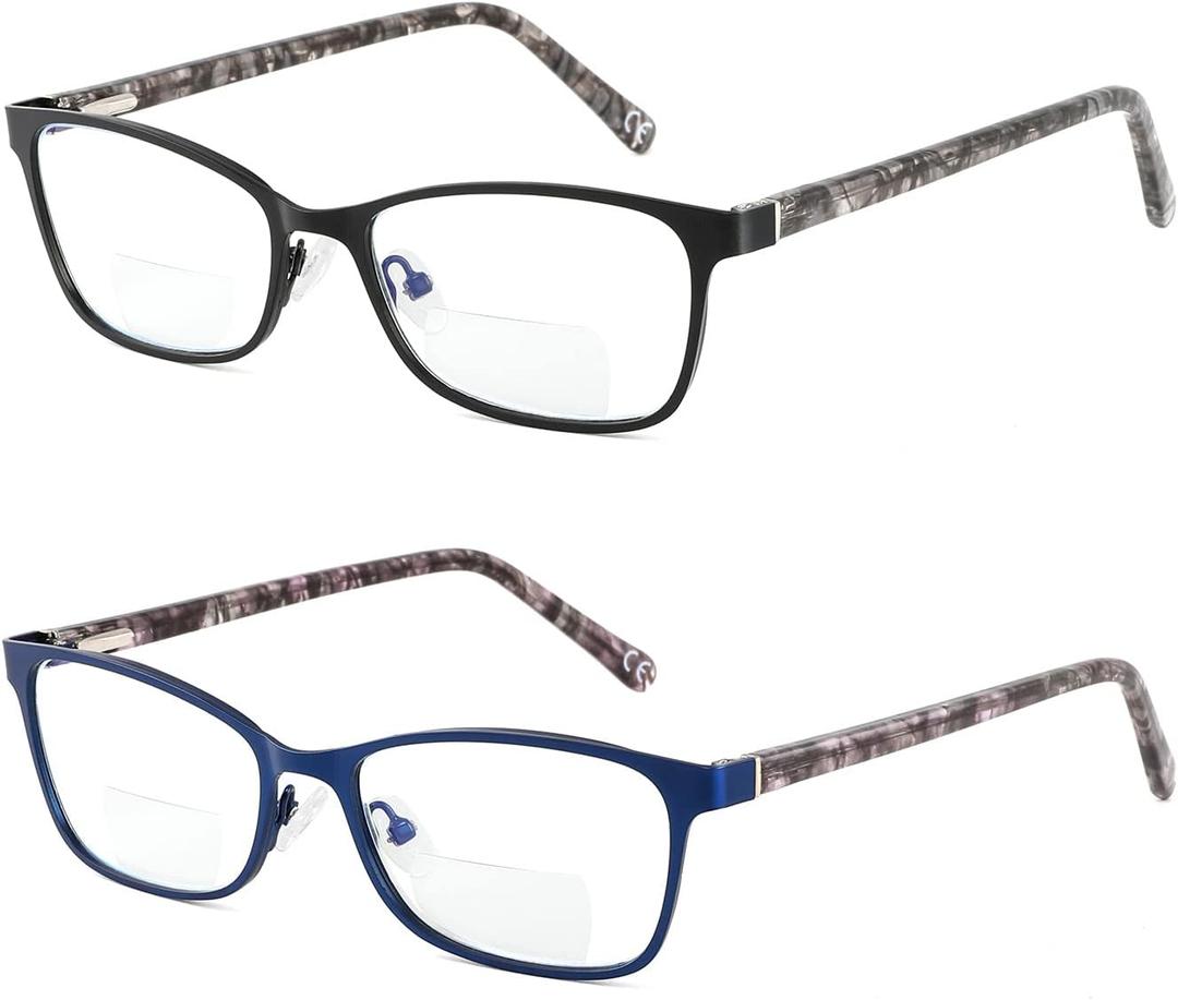 Bifocal Reading Glasses Women Blue Light Blocking With Clear Top Computer Reader Wide Metal Frame Stylish Designer Eyeglasses
