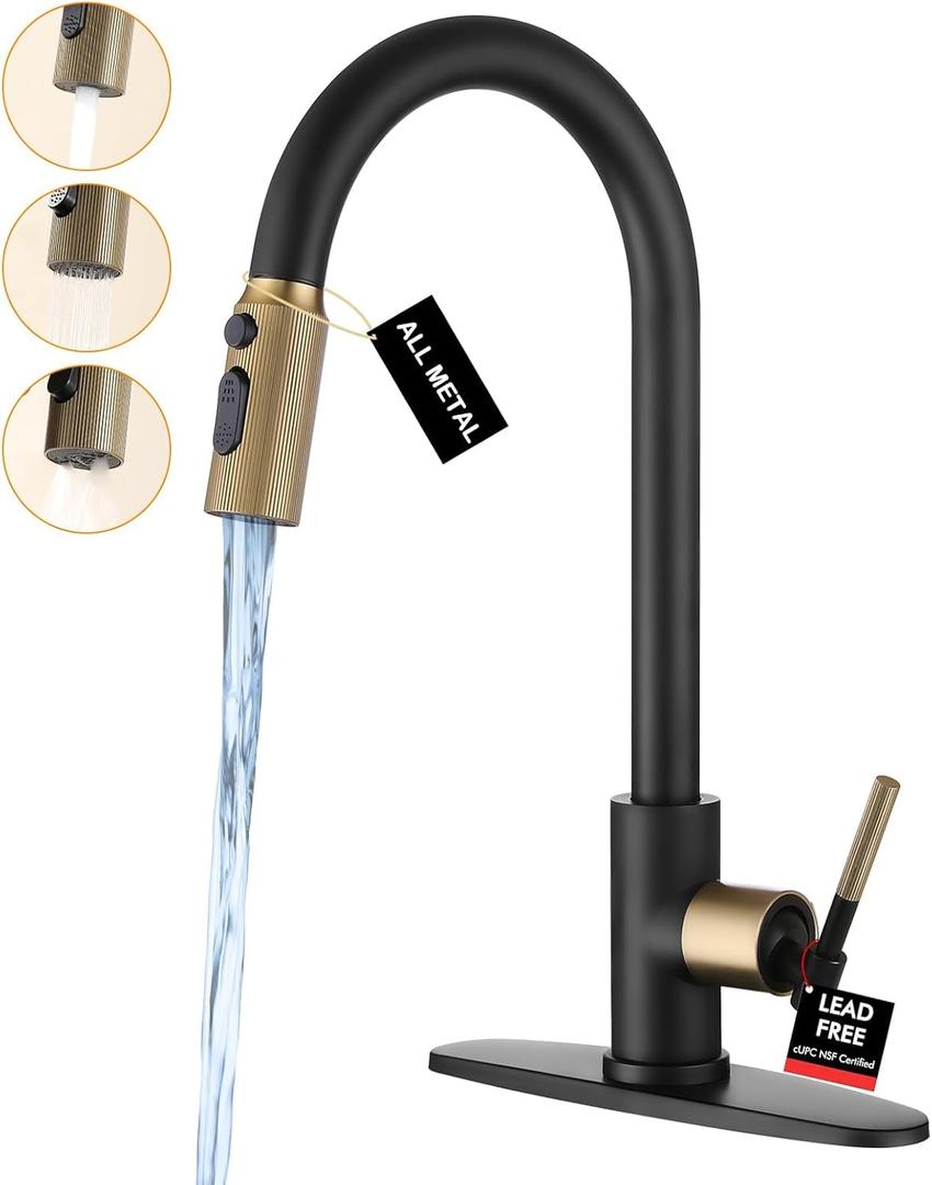 Kitchen Faucet with Pull Down Sprayer, 3 Spray Modes Metal Head, Stainless Steel Single Handle High Arc Kitchen Sink Faucet, for Farm,Bar, Fit for 1 or 3 Hole, Black and Gold