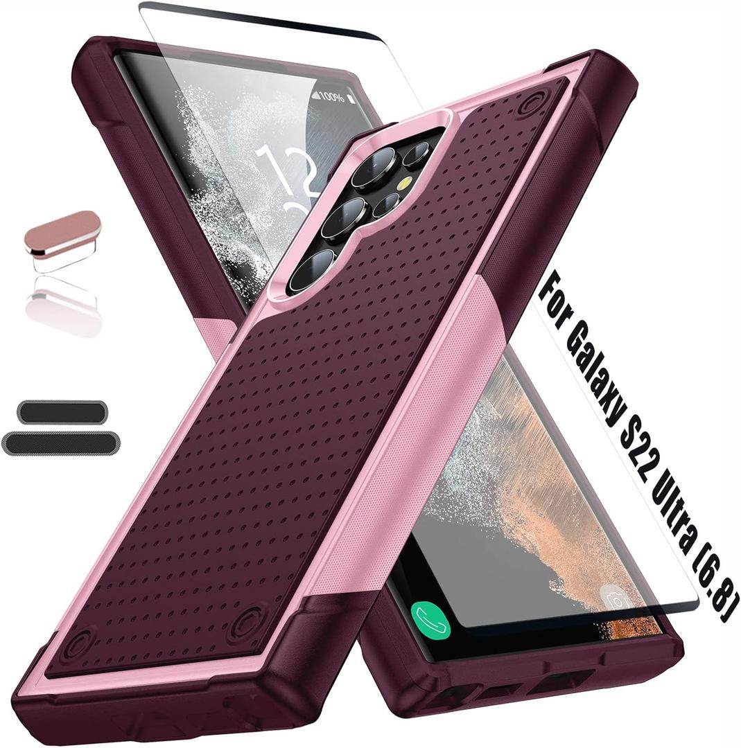 Heavy Duty Case for Samsung Galaxy S22 Ultra 6.8 Inche, 4 Corners with Airbags[12ft Drop Protection], Non-Slip Textured Grip Bumper Support Wireless Charging Drop Resistant Case -Rose/Pink