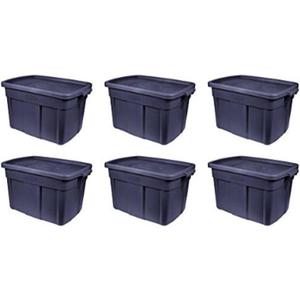 Rubbermaid Roughneck Tote 18 Gal, 6 Pack, Made in USA, Dark Indigo Metallic, Rugged Plastic Stackable Storage Bins with Lids and Handles